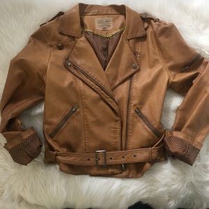 Vegan tan leather moto jacket thread & supply